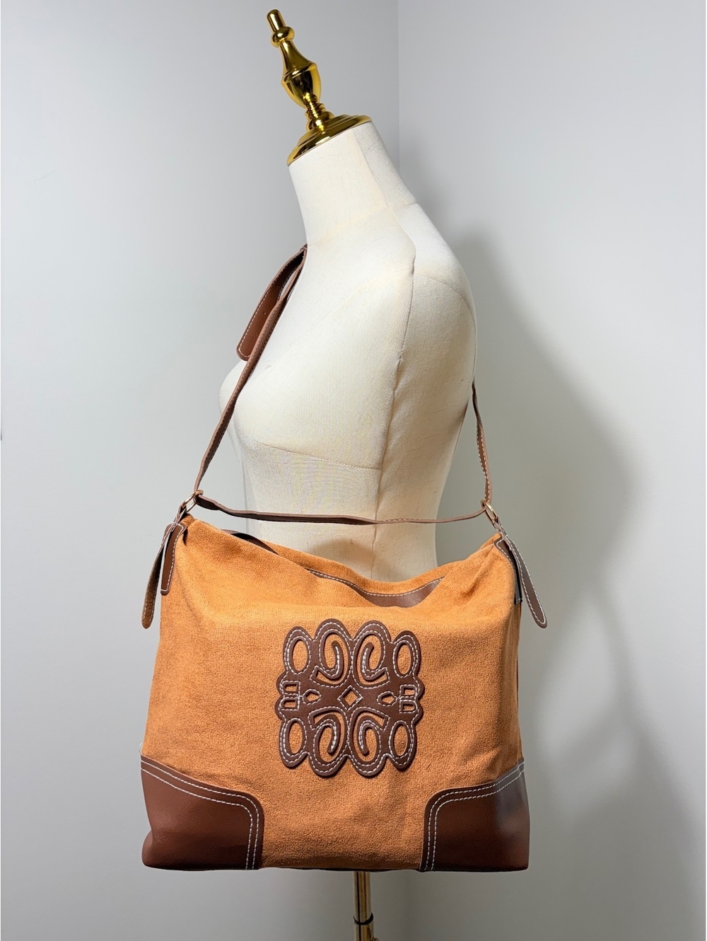 Tan Suede and Brown Vegan Leather Shoulder Bag with Adjustable Strap